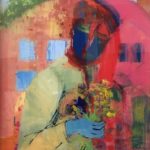 Blumenkäufer. Acryl hinter Glas, 50×70